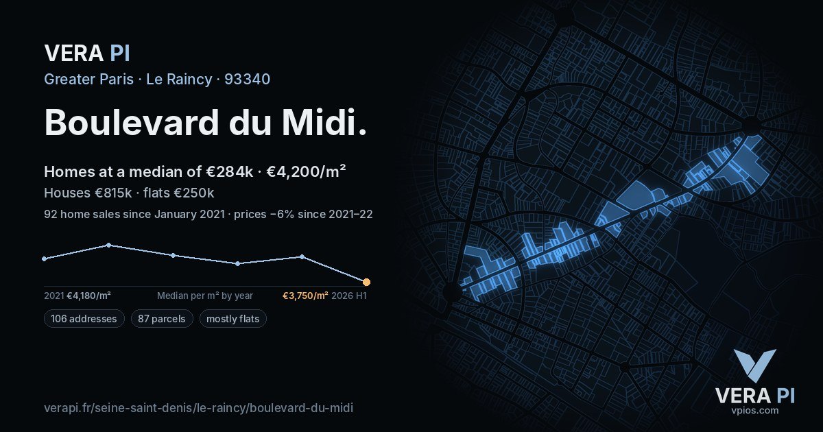 Boulevard du Midi, Le Raincy at night – every parcel coloured by the prices around it, the street's own parcels lit