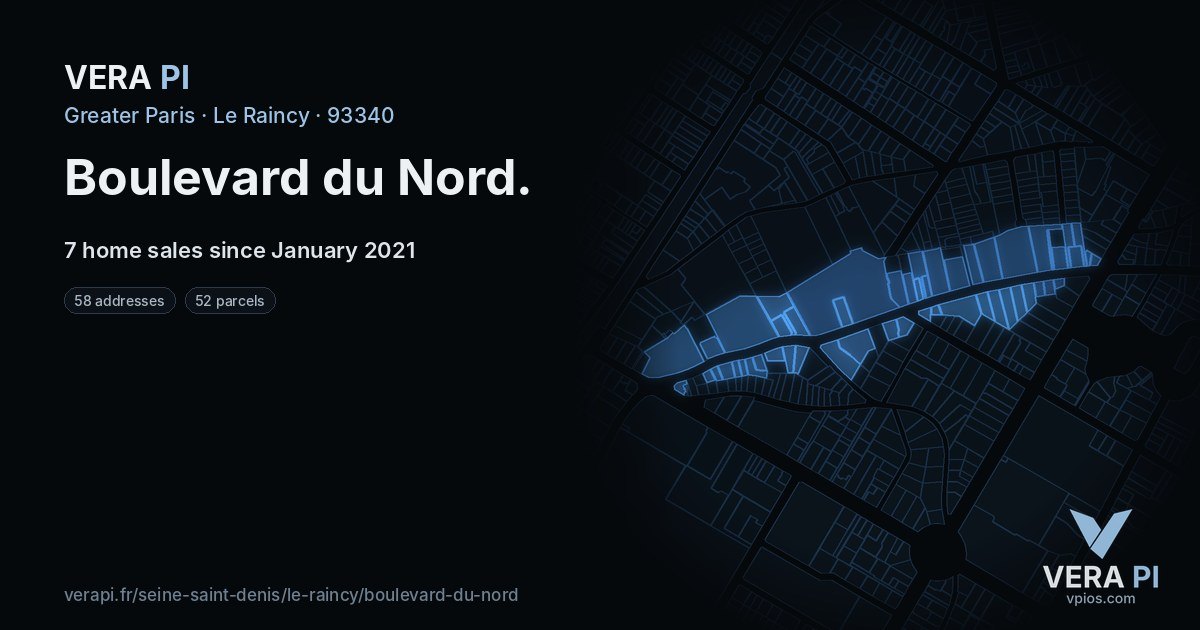 Boulevard du Nord, Le Raincy at night – every parcel coloured by the prices around it, the street's own parcels lit