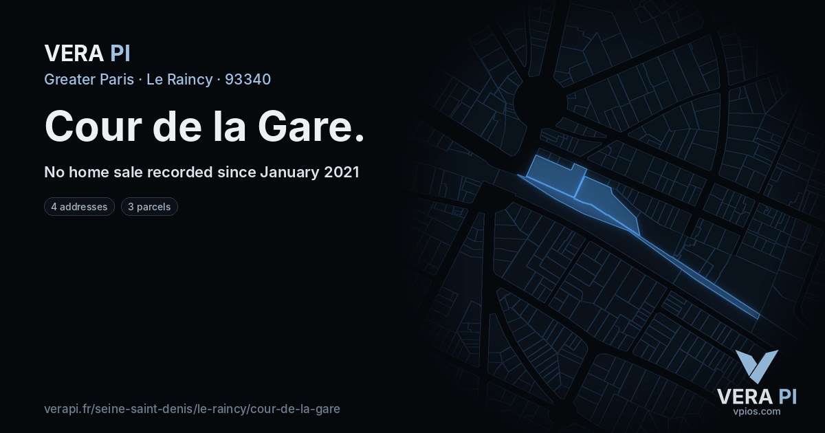 Cour de la Gare, Le Raincy at night – every parcel coloured by the prices around it, the street's own parcels lit