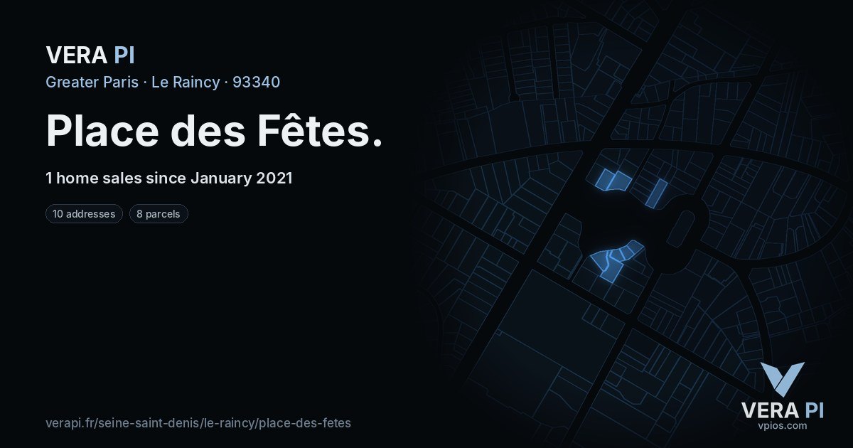 Place des Fêtes, Le Raincy at night – every parcel coloured by the prices around it, the street's own parcels lit