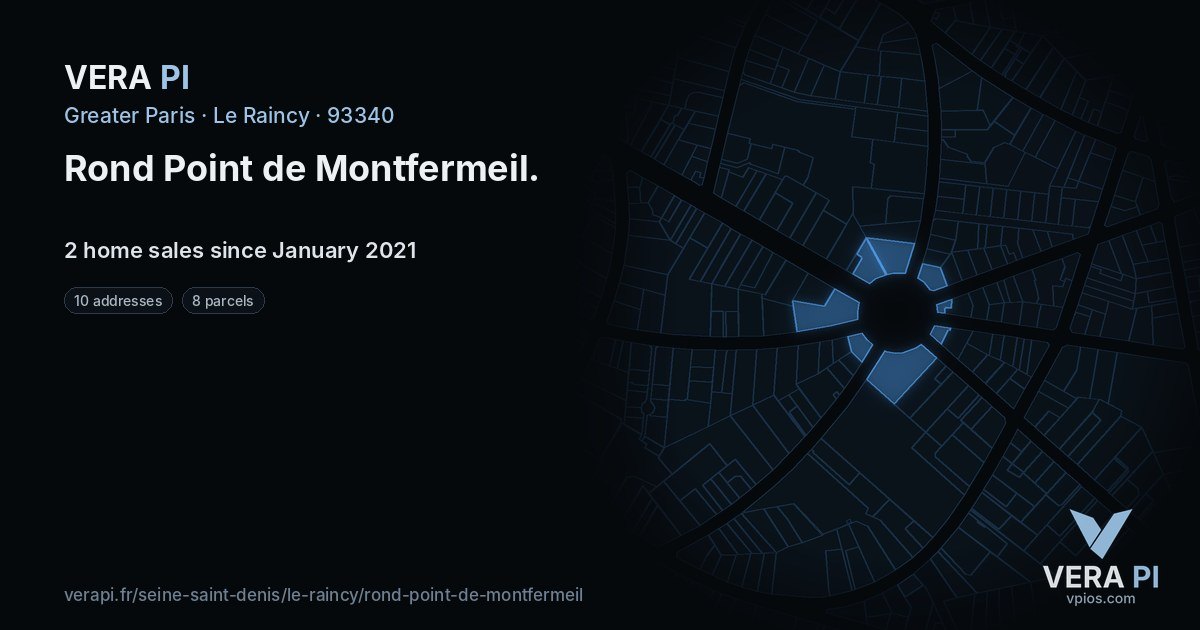 Rond Point de Montfermeil, Le Raincy at night – every parcel coloured by the prices around it, the street's own parcels lit