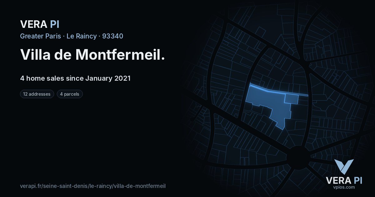 Villa de Montfermeil, Le Raincy at night – every parcel coloured by the prices around it, the street's own parcels lit