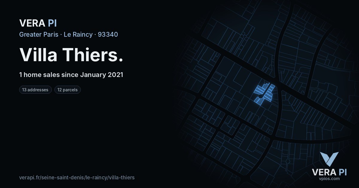 Villa Thiers, Le Raincy at night – every parcel coloured by the prices around it, the street's own parcels lit