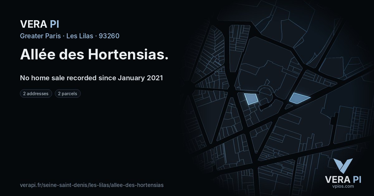 Allée des Hortensias, Les Lilas at night – every parcel coloured by the prices around it, the street's own parcels lit