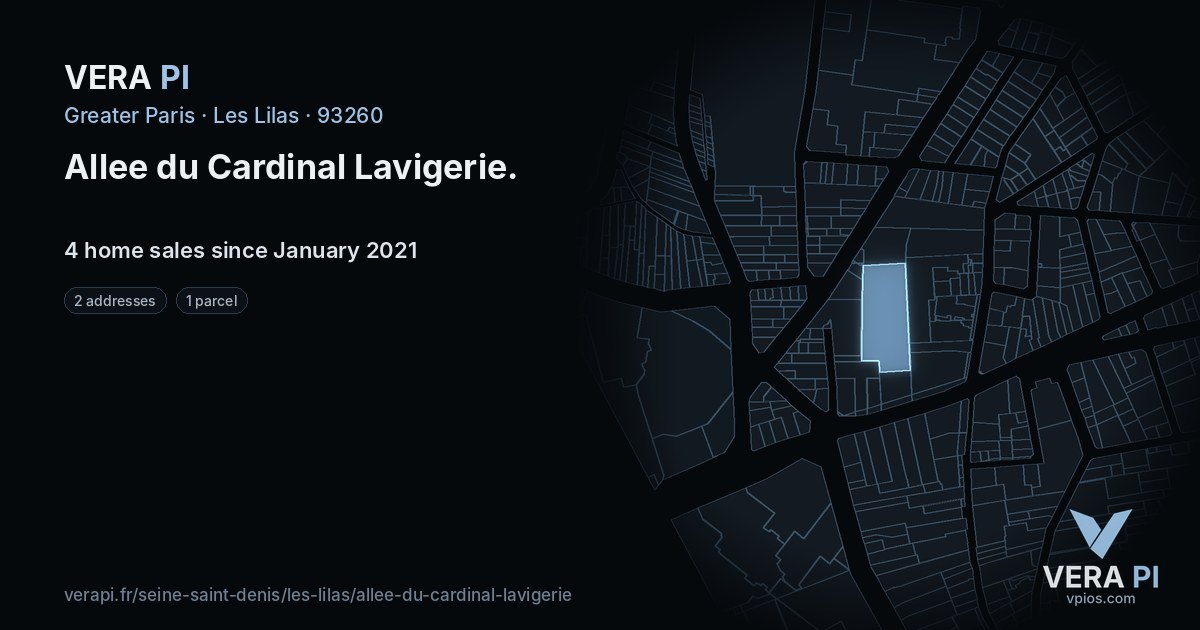 Allee du Cardinal Lavigerie, Les Lilas at night – every parcel coloured by the prices around it, the street's own parcels lit