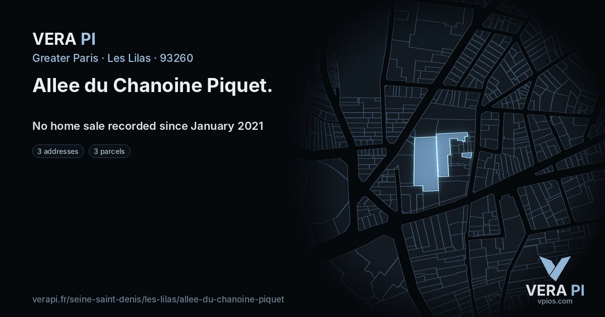 Allee du Chanoine Piquet, Les Lilas at night – every parcel coloured by the prices around it, the street's own parcels lit