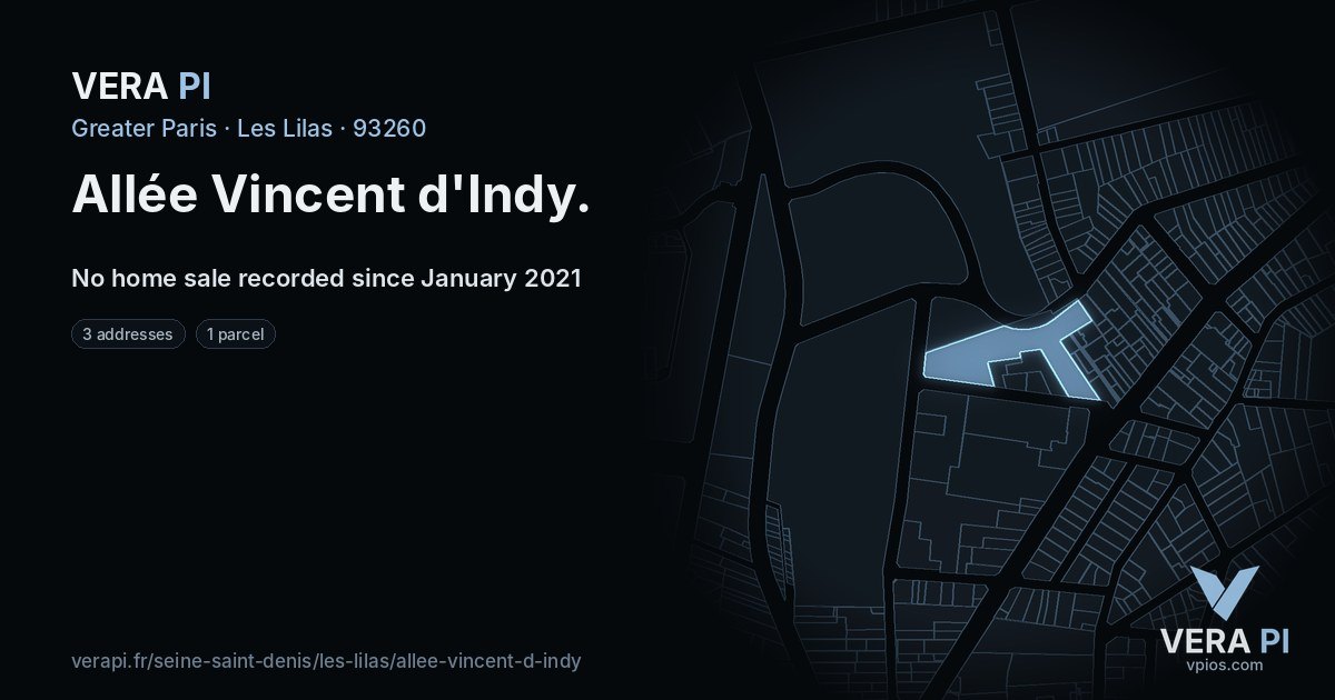 Allée Vincent d'Indy, Les Lilas at night – every parcel coloured by the prices around it, the street's own parcels lit