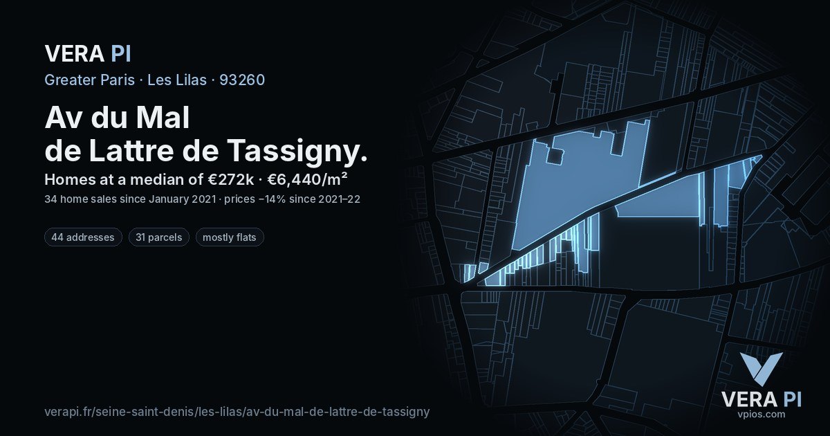 Av du Mal de Lattre de Tassigny, Les Lilas at night – every parcel coloured by the prices around it, the street's own parcels lit