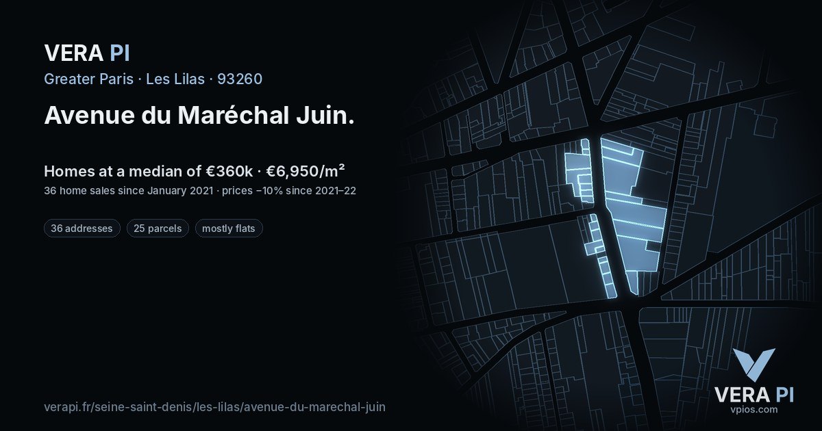 Avenue du Maréchal Juin, Les Lilas at night – every parcel coloured by the prices around it, the street's own parcels lit
