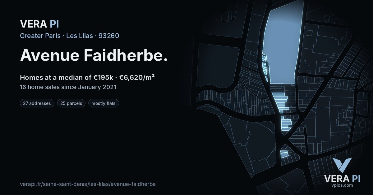Avenue Faidherbe, Les Lilas at night – every parcel coloured by the prices around it, the street's own parcels lit