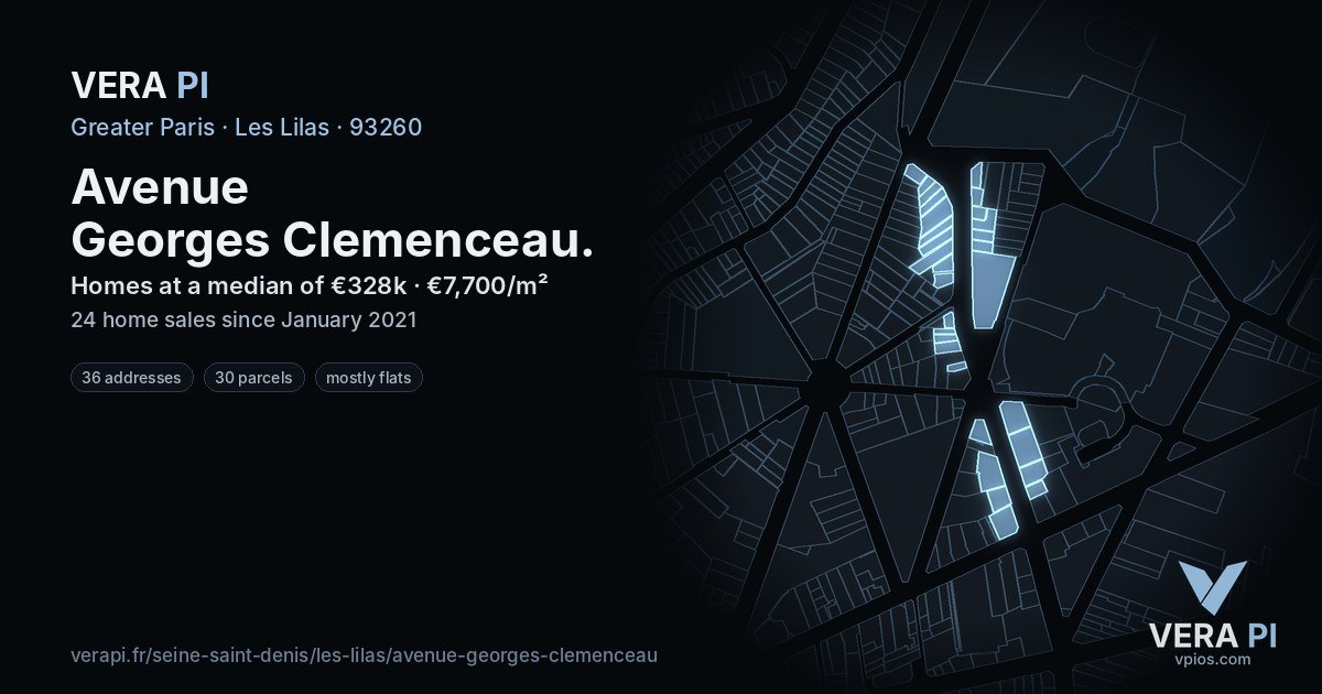 Avenue Georges Clemenceau, Les Lilas at night – every parcel coloured by the prices around it, the street's own parcels lit