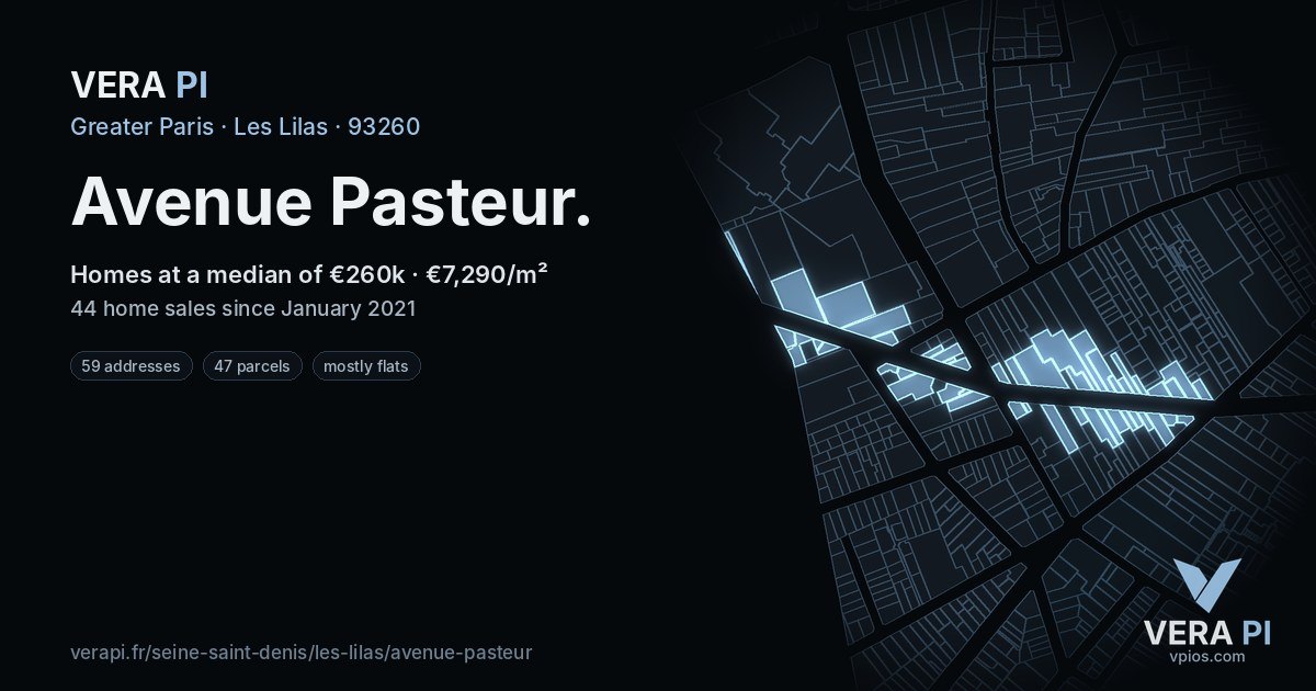 Avenue Pasteur, Les Lilas at night – every parcel coloured by the prices around it, the street's own parcels lit