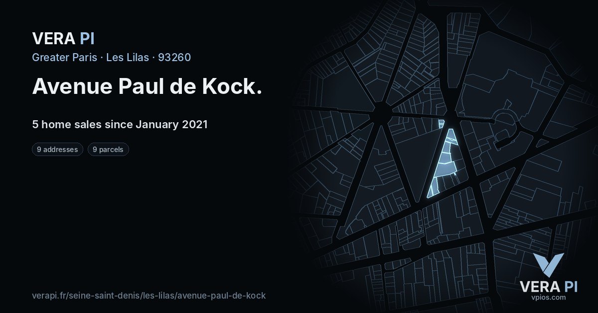 Avenue Paul de Kock, Les Lilas at night – every parcel coloured by the prices around it, the street's own parcels lit