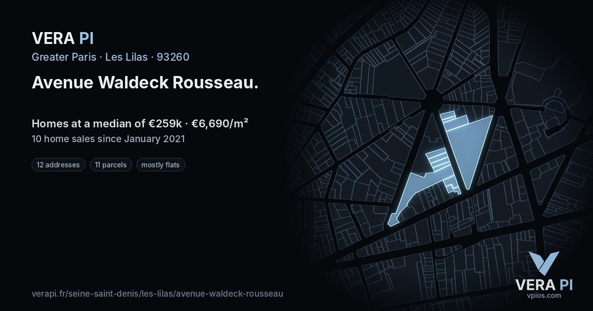Avenue Waldeck Rousseau, Les Lilas at night – every parcel coloured by the prices around it, the street's own parcels lit