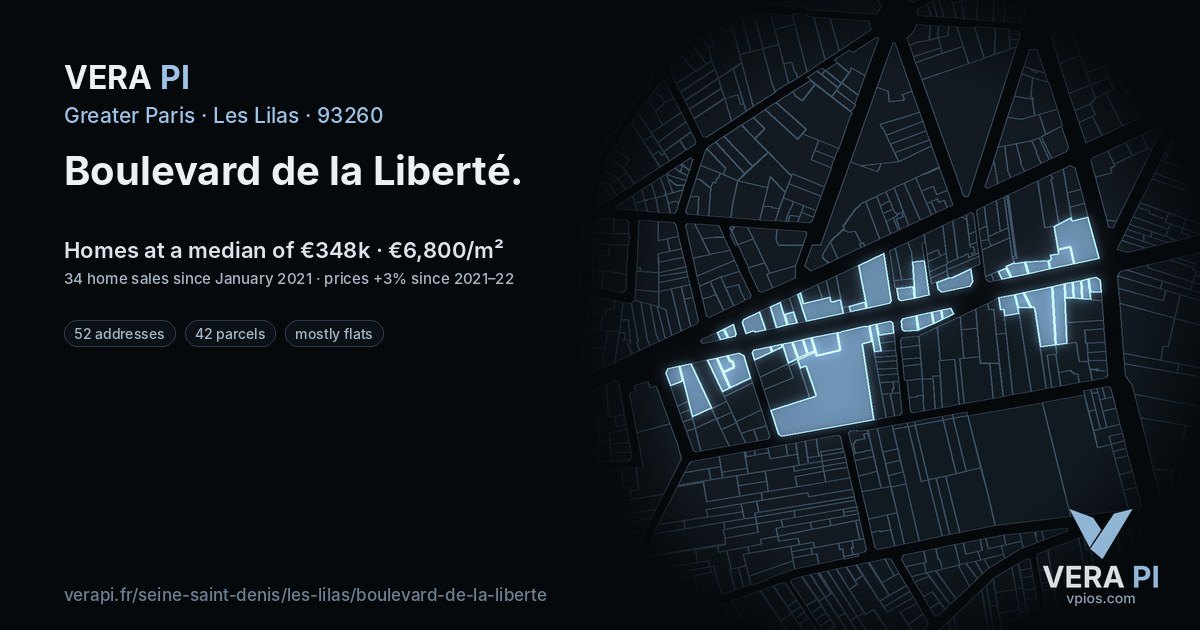 Boulevard de la Liberté, Les Lilas at night – every parcel coloured by the prices around it, the street's own parcels lit