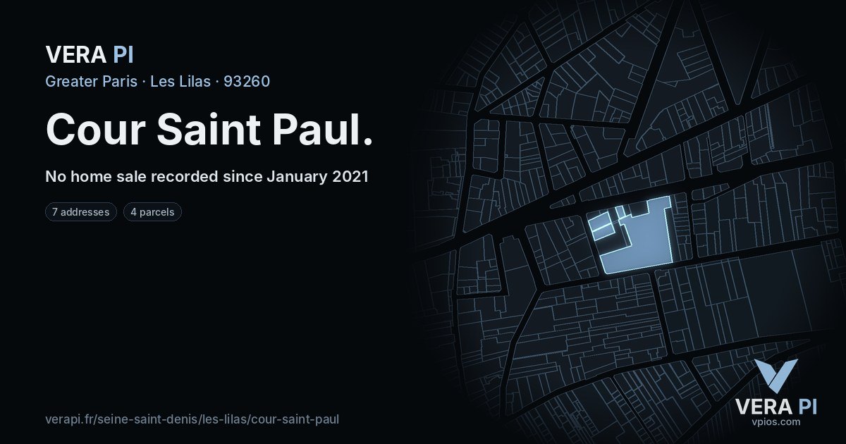 Cour Saint Paul, Les Lilas at night – every parcel coloured by the prices around it, the street's own parcels lit