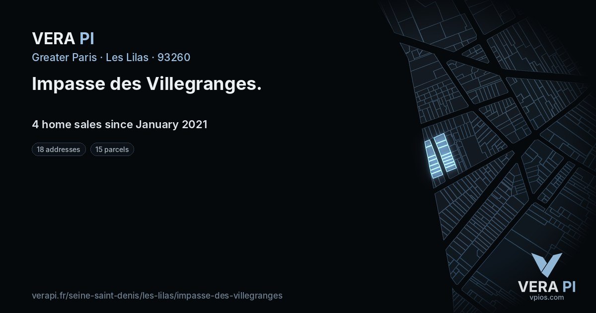 Impasse des Villegranges, Les Lilas at night – every parcel coloured by the prices around it, the street's own parcels lit