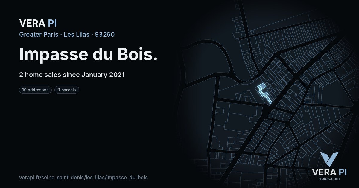 Impasse du Bois, Les Lilas at night – every parcel coloured by the prices around it, the street's own parcels lit