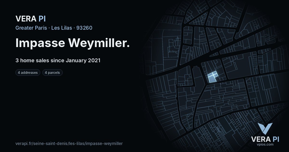 Impasse Weymiller, Les Lilas at night – every parcel coloured by the prices around it, the street's own parcels lit