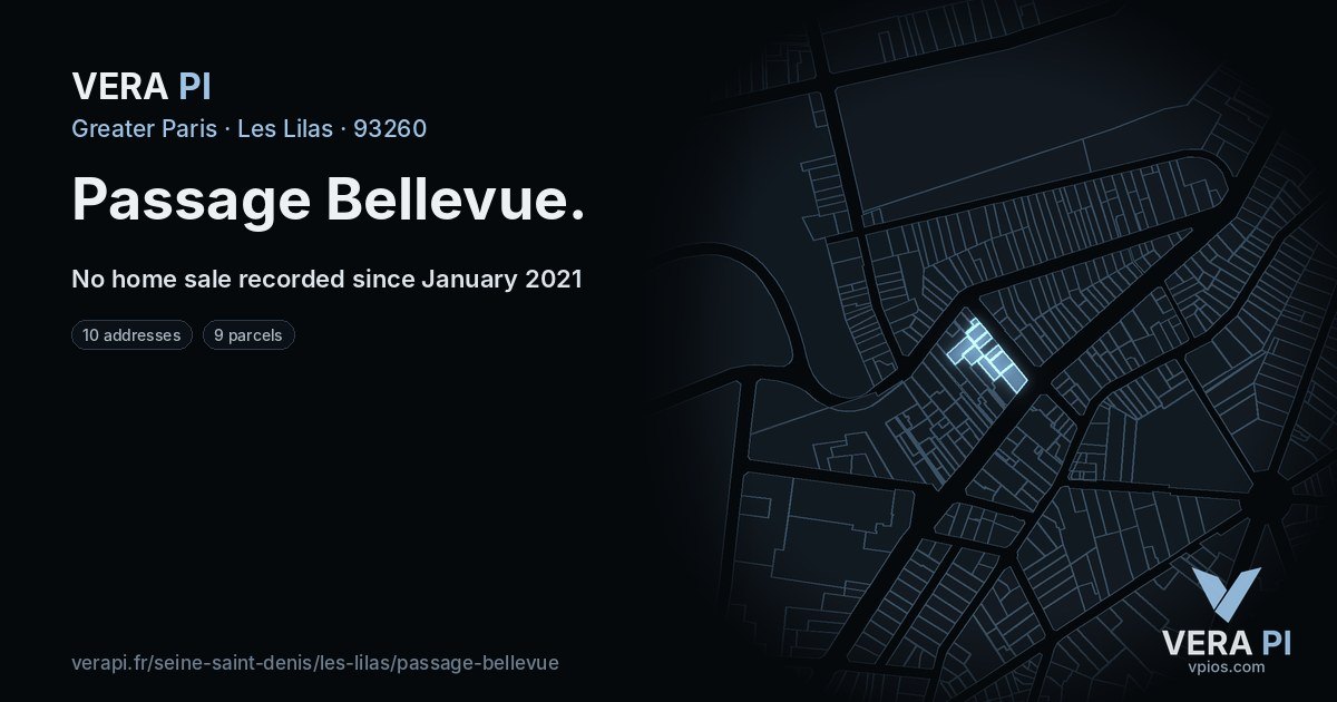 Passage Bellevue, Les Lilas at night – every parcel coloured by the prices around it, the street's own parcels lit