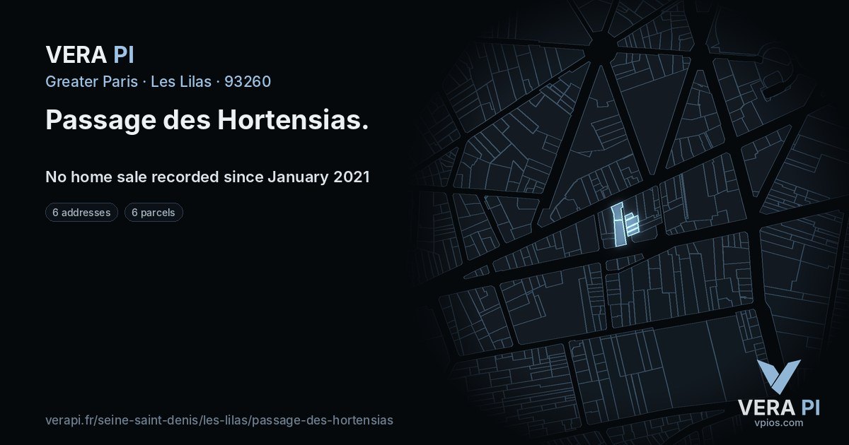 Passage des Hortensias, Les Lilas at night – every parcel coloured by the prices around it, the street's own parcels lit
