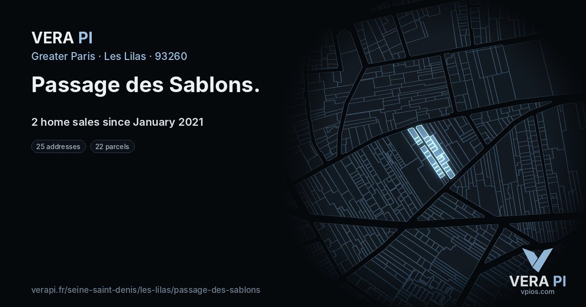 Passage des Sablons, Les Lilas at night – every parcel coloured by the prices around it, the street's own parcels lit