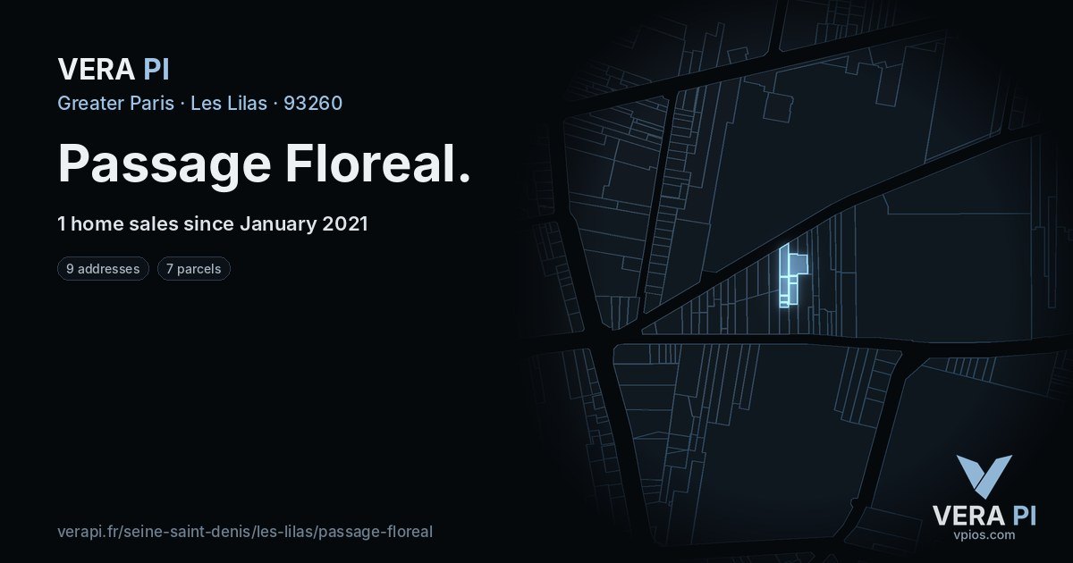 Passage Floreal, Les Lilas at night – every parcel coloured by the prices around it, the street's own parcels lit