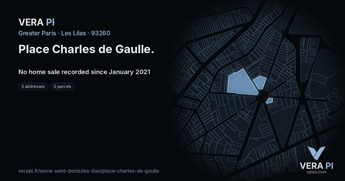 Place Charles de Gaulle, Les Lilas at night – every parcel coloured by the prices around it, the street's own parcels lit