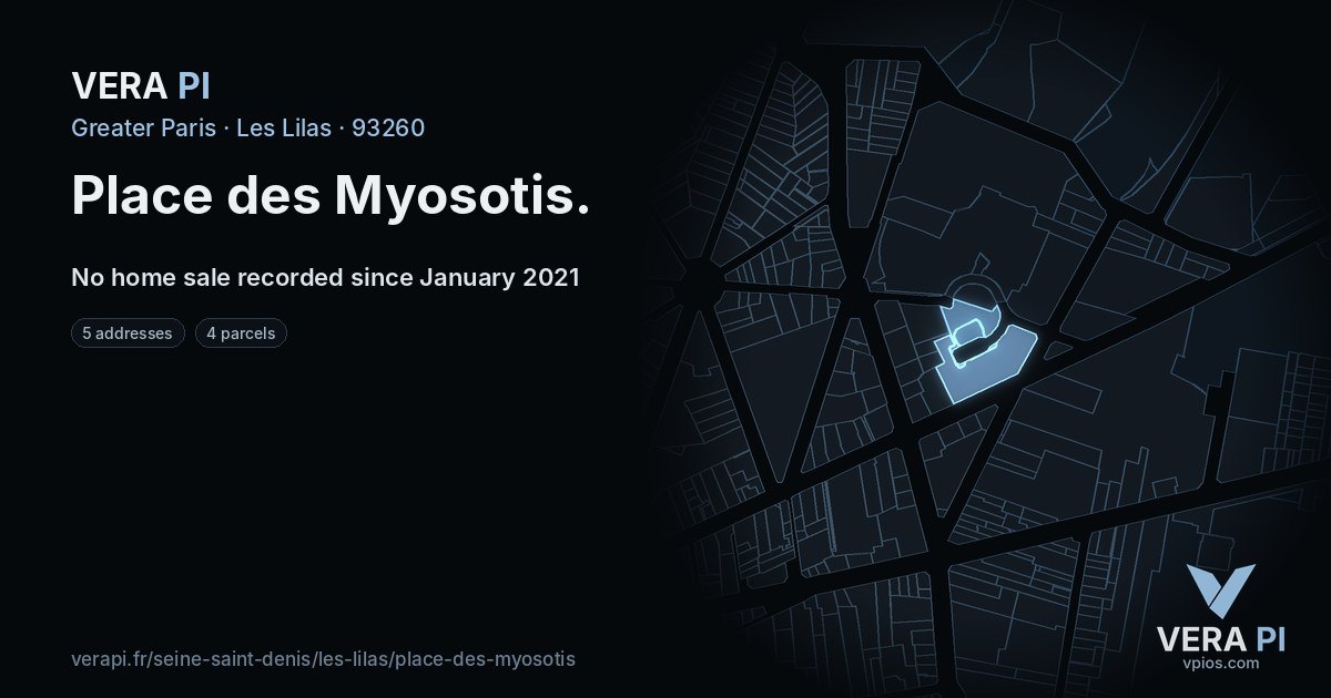 Place des Myosotis, Les Lilas at night – every parcel coloured by the prices around it, the street's own parcels lit