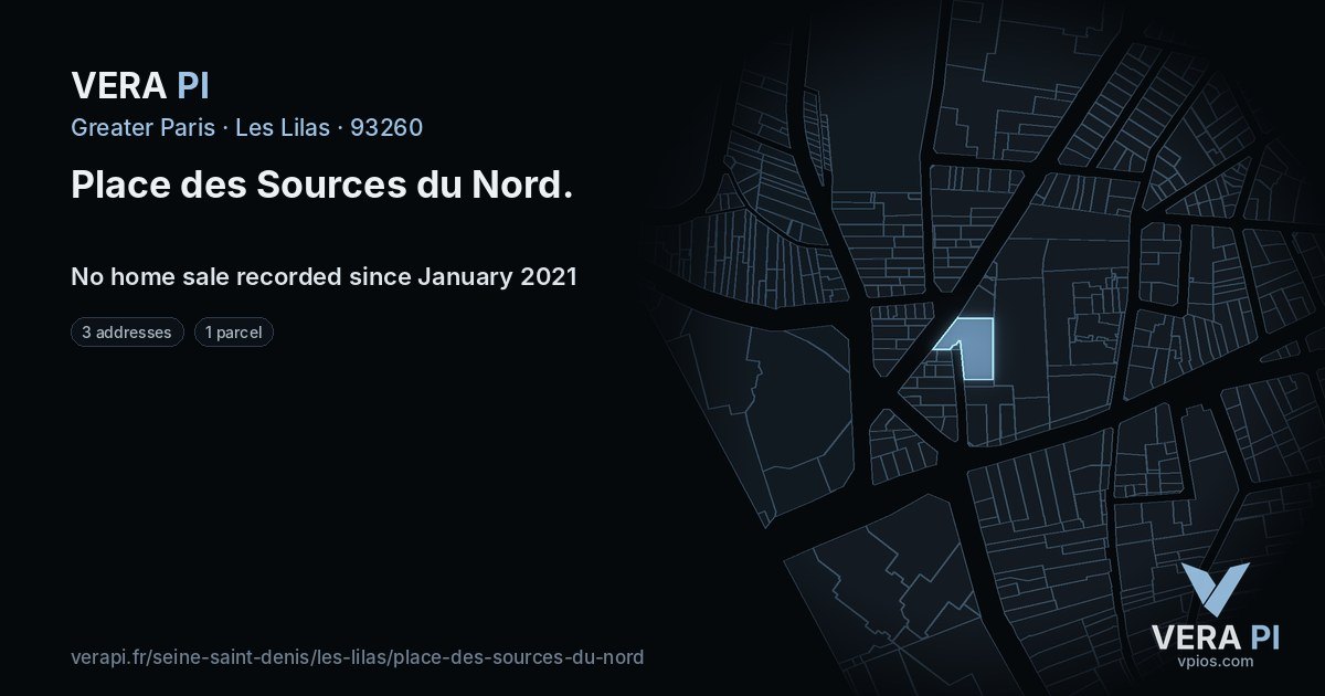 Place des Sources du Nord, Les Lilas at night – every parcel coloured by the prices around it, the street's own parcels lit