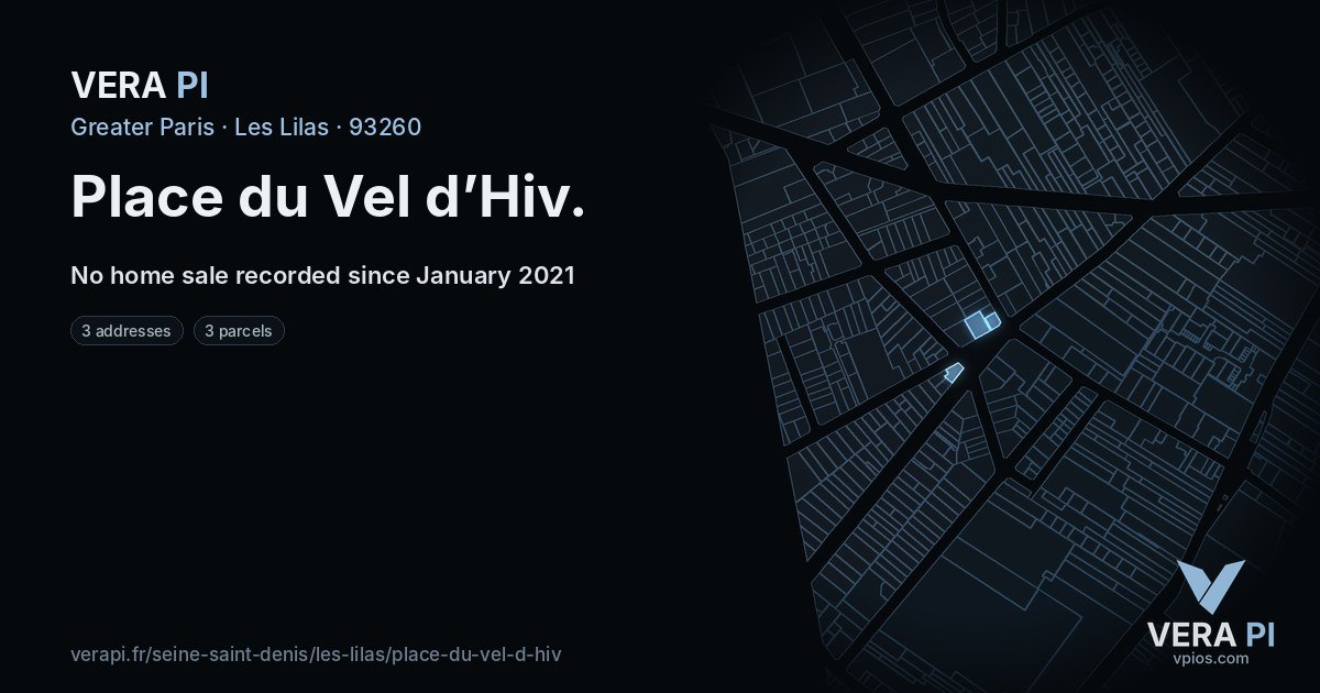 Place du Vel d’Hiv, Les Lilas at night – every parcel coloured by the prices around it, the street's own parcels lit