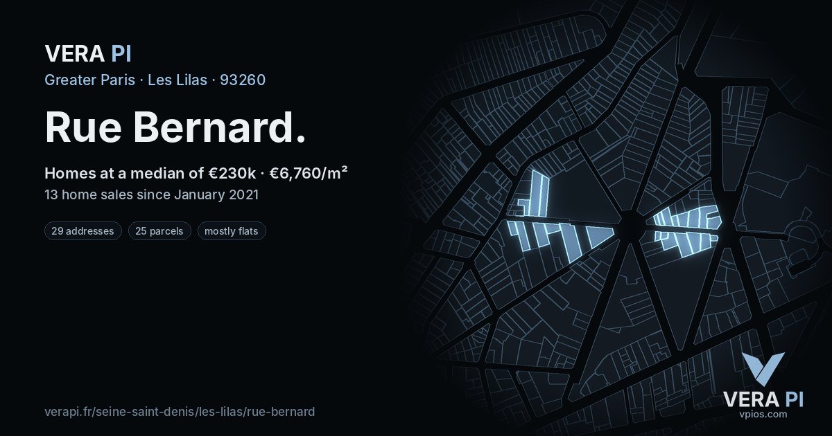 Rue Bernard, Les Lilas at night – every parcel coloured by the prices around it, the street's own parcels lit