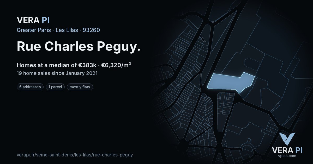 Rue Charles Peguy, Les Lilas at night – every parcel coloured by the prices around it, the street's own parcels lit