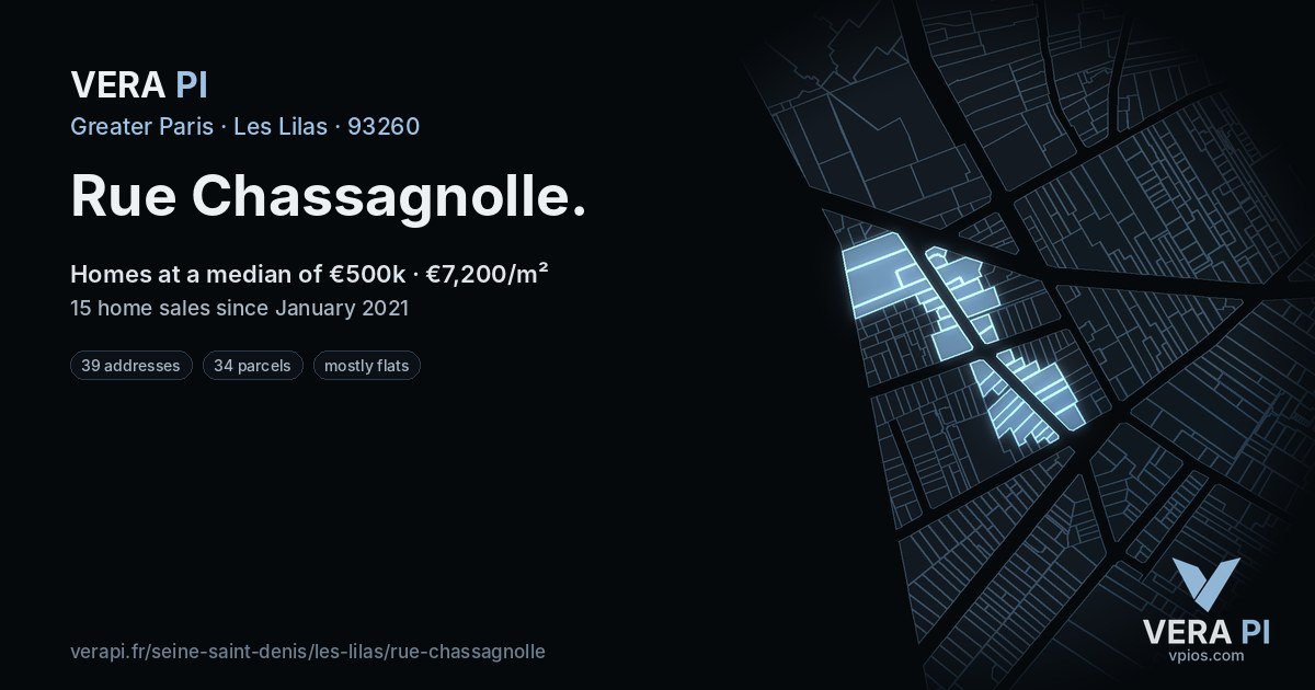 Rue Chassagnolle, Les Lilas at night – every parcel coloured by the prices around it, the street's own parcels lit