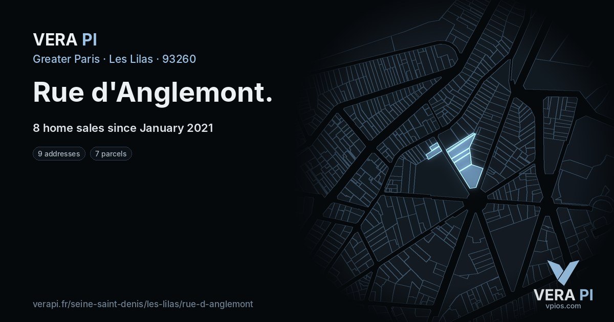 Rue d'Anglemont, Les Lilas at night – every parcel coloured by the prices around it, the street's own parcels lit