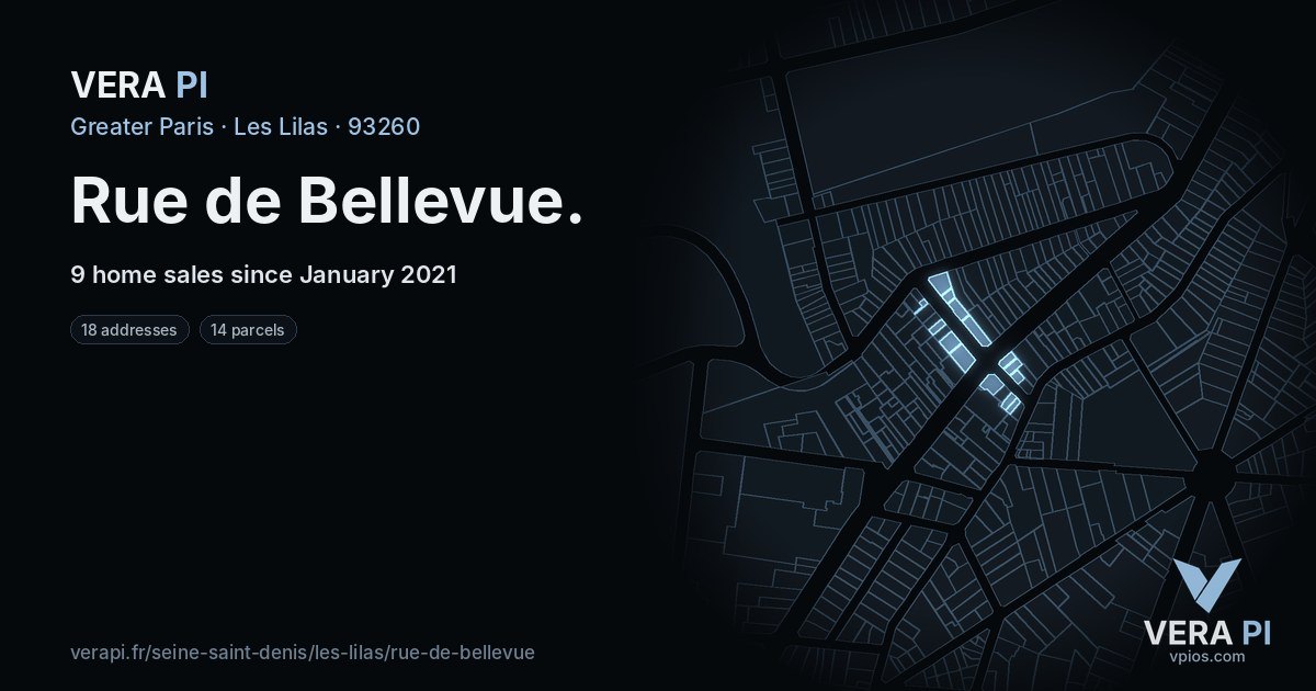 Rue de Bellevue, Les Lilas at night – every parcel coloured by the prices around it, the street's own parcels lit
