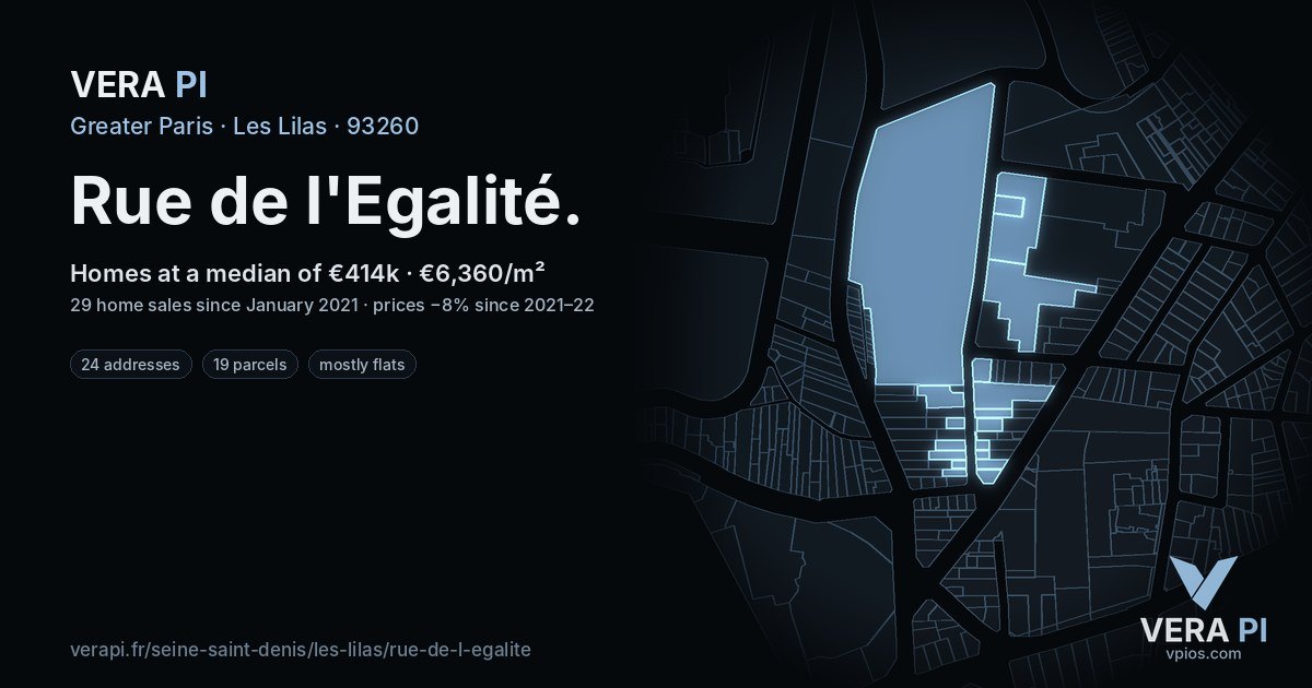 Rue de l'Egalité, Les Lilas at night – every parcel coloured by the prices around it, the street's own parcels lit