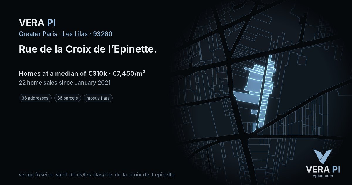 Rue de la Croix de l’Epinette, Les Lilas at night – every parcel coloured by the prices around it, the street's own parcels lit