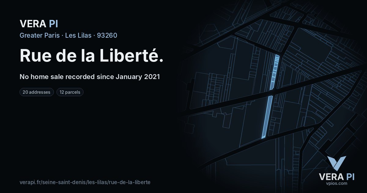 Rue de la Liberté, Les Lilas at night – every parcel coloured by the prices around it, the street's own parcels lit