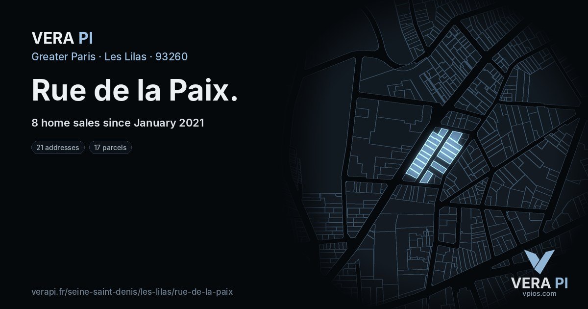 Rue de la Paix, Les Lilas at night – every parcel coloured by the prices around it, the street's own parcels lit