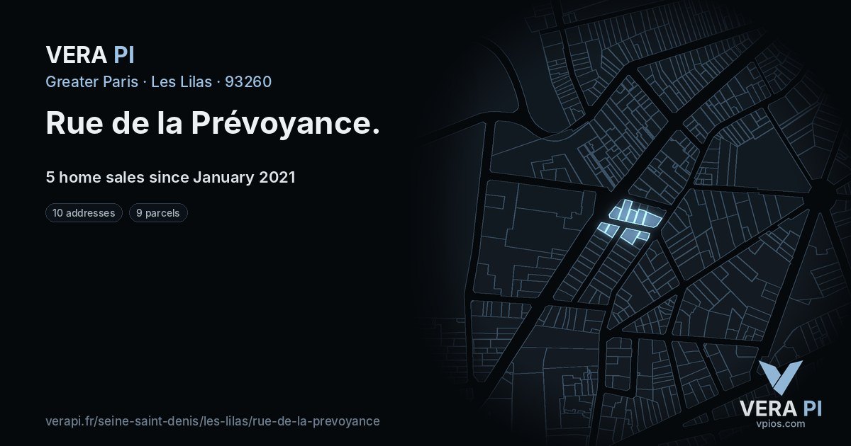 Rue de la Prévoyance, Les Lilas at night – every parcel coloured by the prices around it, the street's own parcels lit