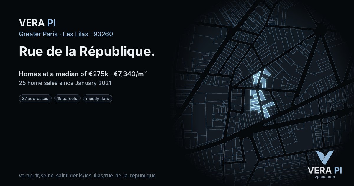 Rue de la République, Les Lilas at night – every parcel coloured by the prices around it, the street's own parcels lit