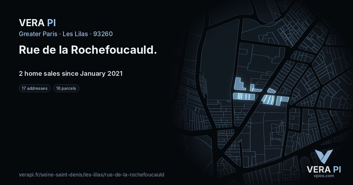 Rue de la Rochefoucauld, Les Lilas at night – every parcel coloured by the prices around it, the street's own parcels lit