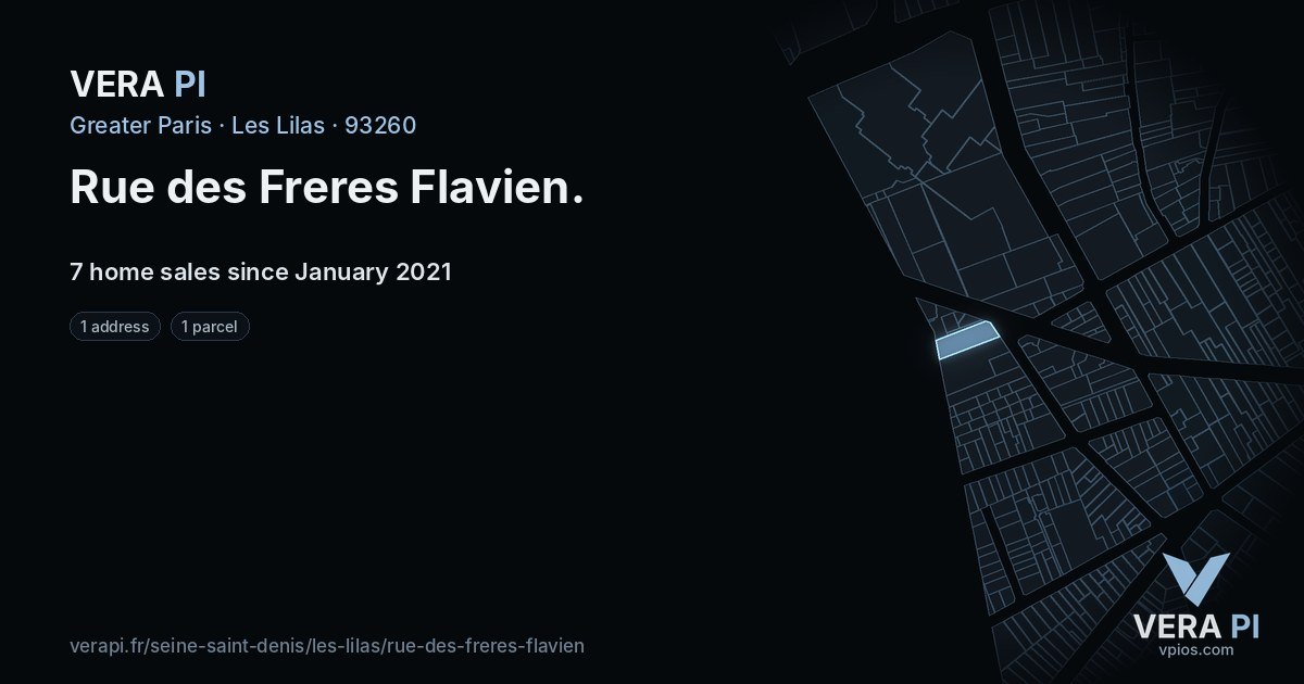 Rue des Freres Flavien, Les Lilas at night – every parcel coloured by the prices around it, the street's own parcels lit
