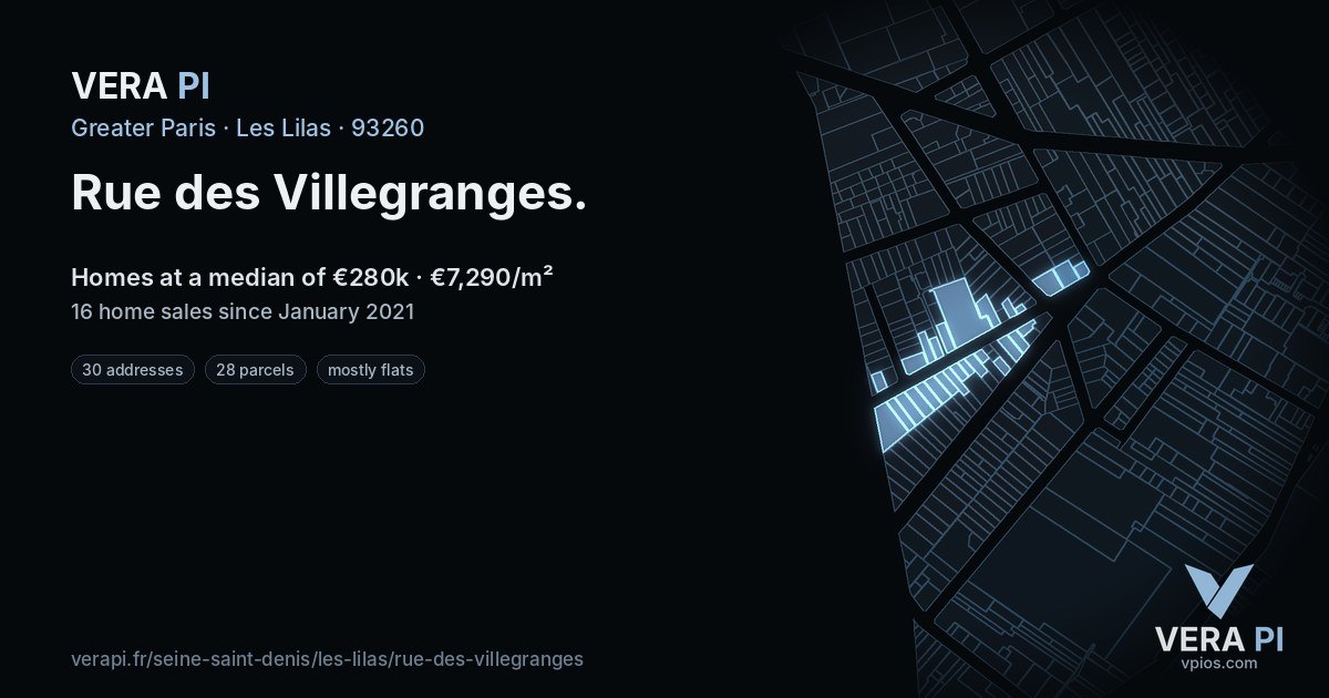 Rue des Villegranges, Les Lilas at night – every parcel coloured by the prices around it, the street's own parcels lit