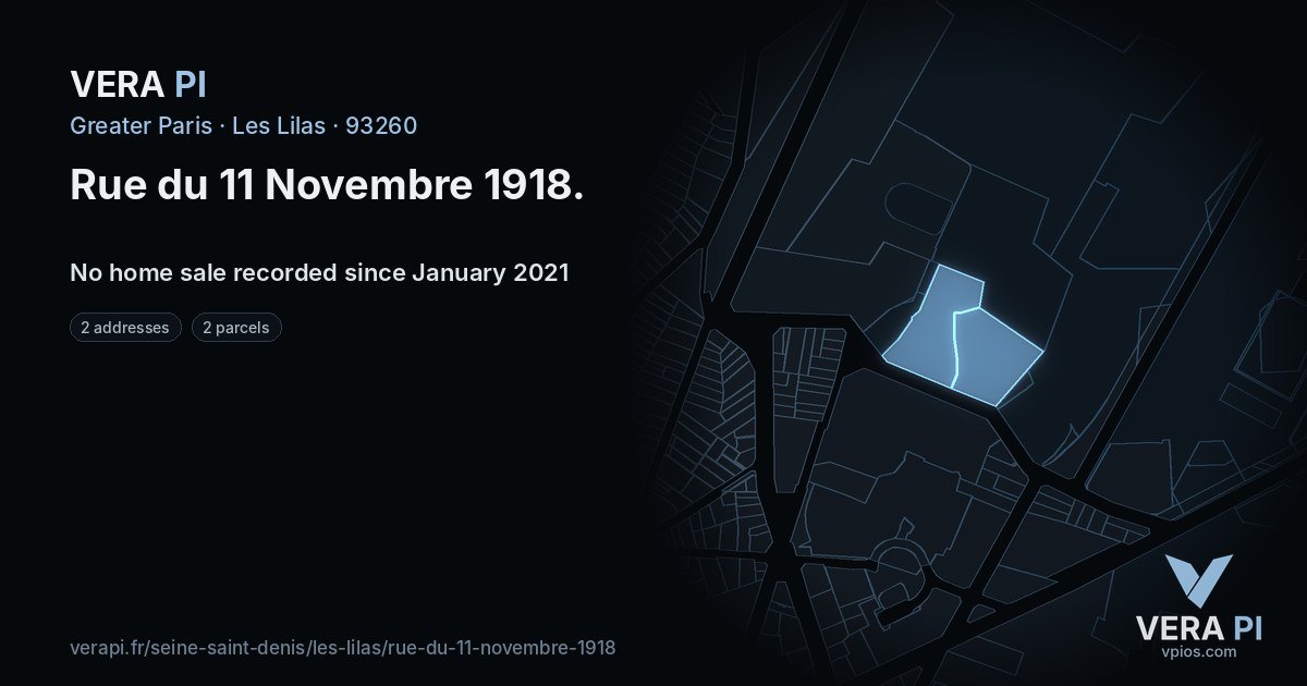 Rue du 11 Novembre 1918, Les Lilas at night – every parcel coloured by the prices around it, the street's own parcels lit