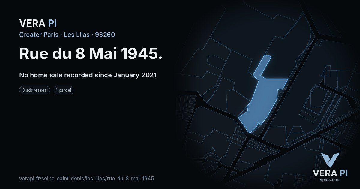 Rue du 8 Mai 1945, Les Lilas at night – every parcel coloured by the prices around it, the street's own parcels lit