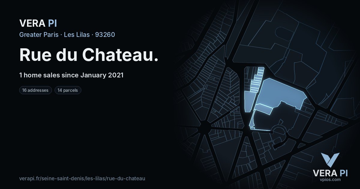 Rue du Chateau, Les Lilas at night – every parcel coloured by the prices around it, the street's own parcels lit