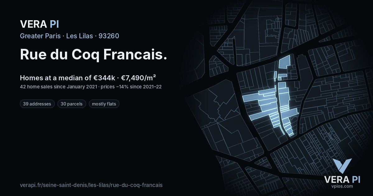 Rue du Coq Francais, Les Lilas at night – every parcel coloured by the prices around it, the street's own parcels lit