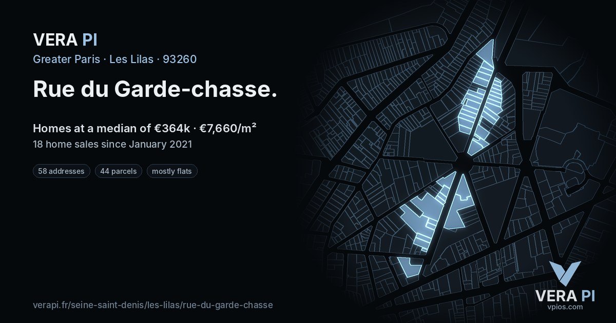 Rue du Garde-chasse, Les Lilas at night – every parcel coloured by the prices around it, the street's own parcels lit